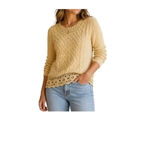 Vintage B.Moss Sweater Womens Size S Yellow Ramie Cotton Crochet Hem & Collar